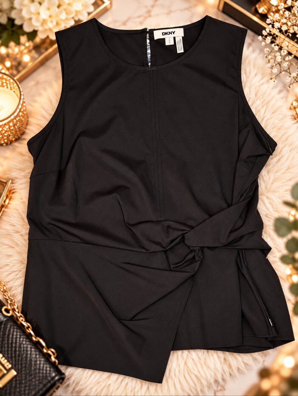 DKNY Black Tie Front Sleeveless Top Side Zip Size Large